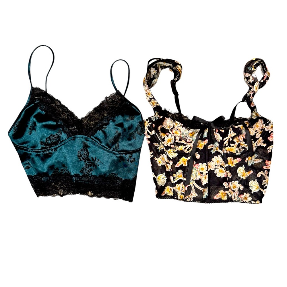 2 BRALETTES Green & Black Velvet Lace AND a Black Floral Mesh, both XS - Picture 2 of 11